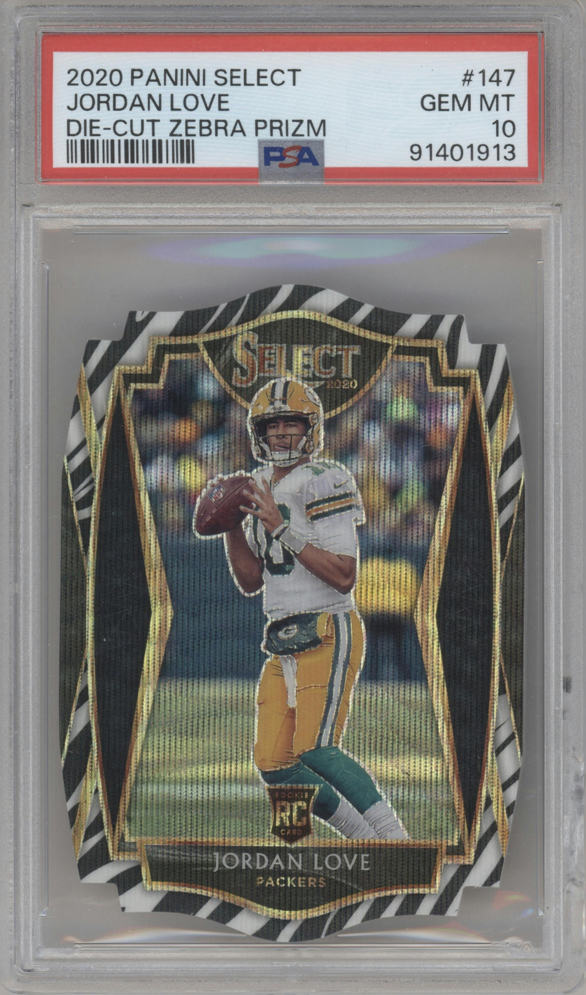 Jordan Love from the 2020 Panini Select set featuring a Die-Cut Zebra parallel graded by PSA and given an overall grade of 10.