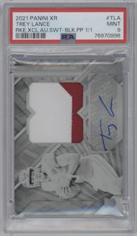 Trey Lance from the 2021 Panini XR set featuring a Black Printing Plate parallel graded by PSA and given an overall grade of 9.
