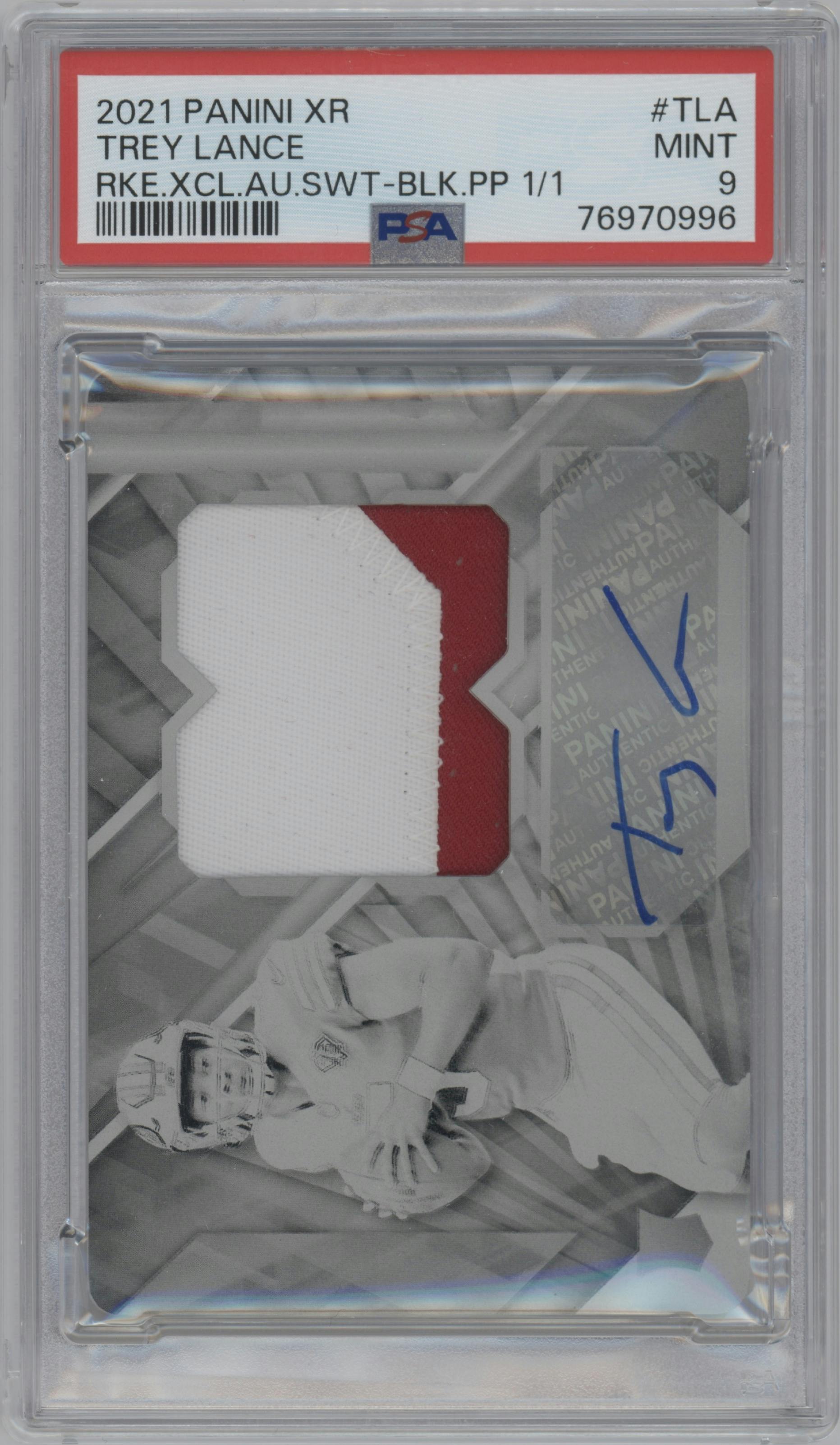 Trey Lance from the 2021 Panini XR set featuring a Black Printing Plate parallel graded by PSA and given an overall grade of 9.
