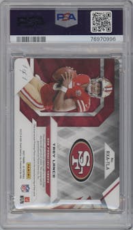 Trey Lance from the 2021 Panini XR set featuring a Black Printing Plate parallel graded by PSA and given an overall grade of 9.