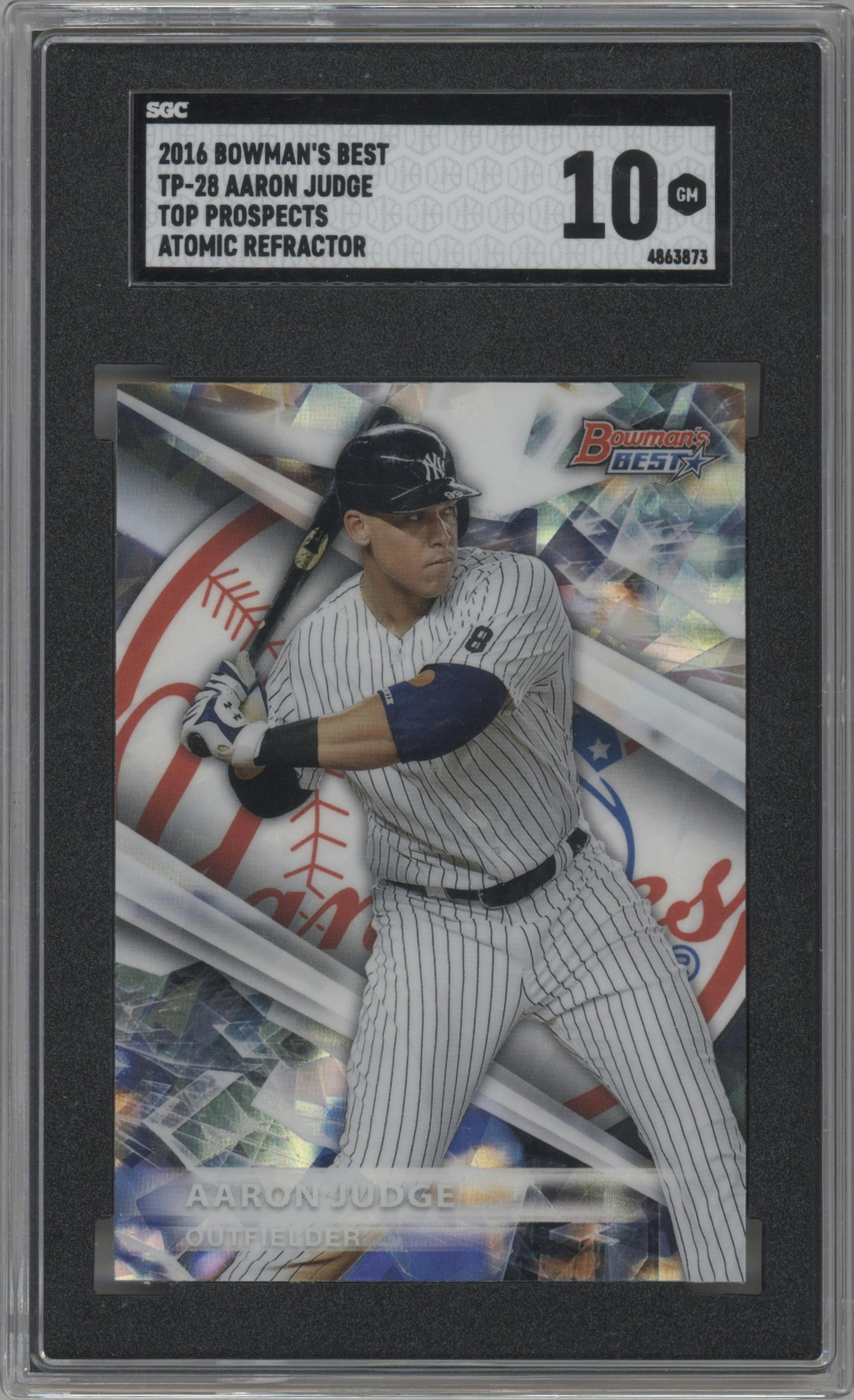 Aaron Judge from the 2016 Bowman’s Best set featuring a Atomic Refractor parallel graded by SGC and given an overall grade of 10.