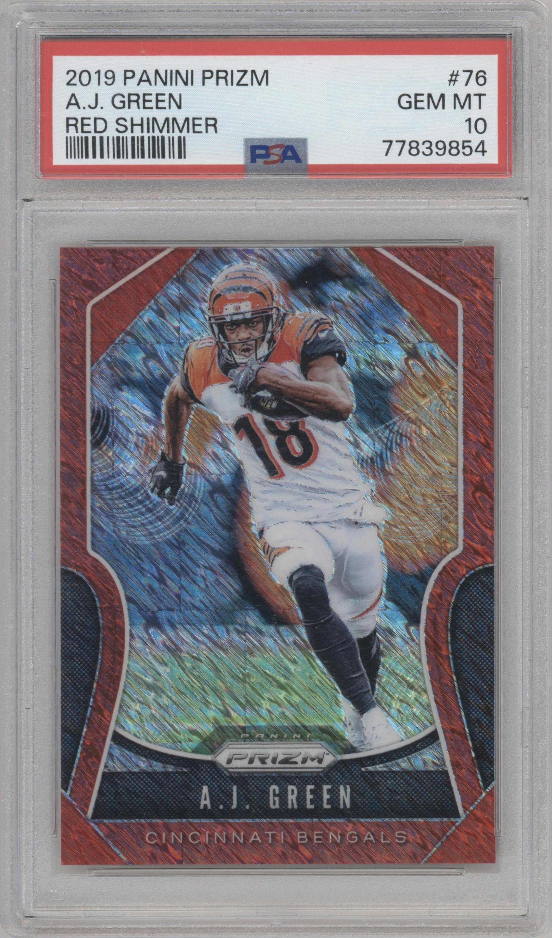 A.J. Green from the 2019 Panini Prizm set featuring a Red Shimmer parallel graded by PSA and given an overall grade of 10.