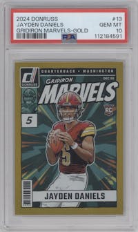 Jayden Daniels from the 2024 Donruss set featuring a Gold parallel graded by PSA and given an overall grade of 10.