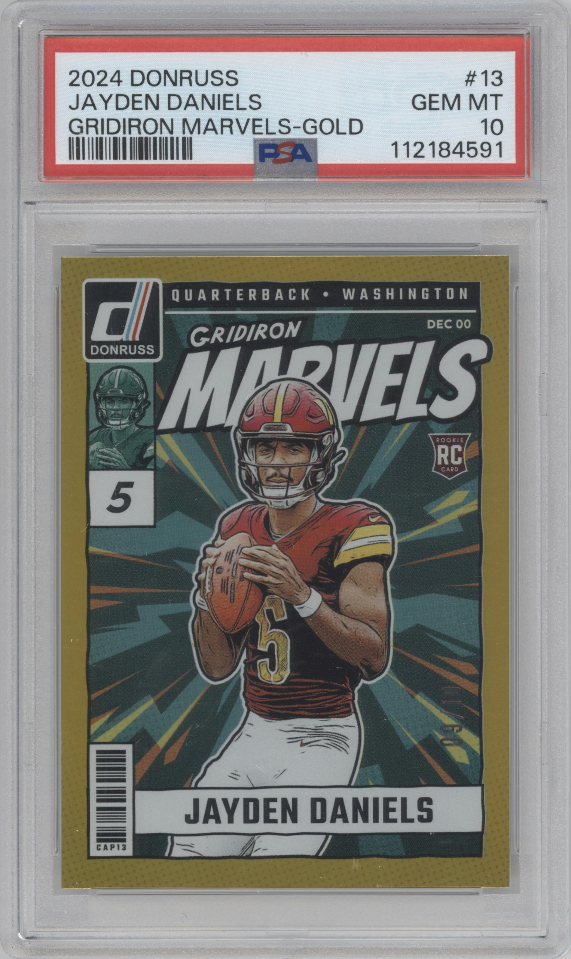 Jayden Daniels from the 2024 Donruss set featuring a Gold parallel graded by PSA and given an overall grade of 10.