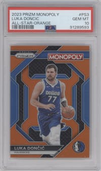 Luka Doncic from the 2023-24 Panini Prizm Monopoly set featuring a Orange parallel graded by PSA and given an overall grade of 10.