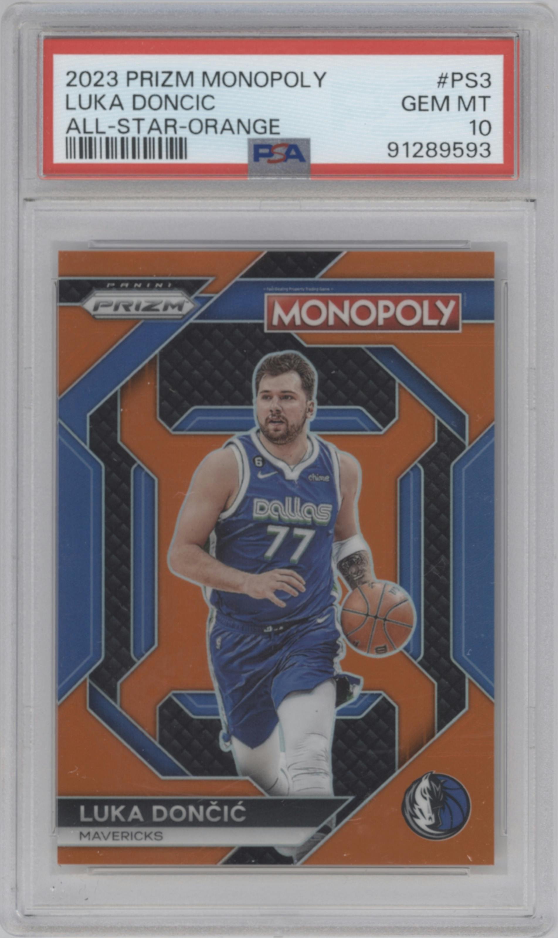 Luka Doncic from the 2023-24 Panini Prizm Monopoly set featuring a Orange parallel graded by PSA and given an overall grade of 10.