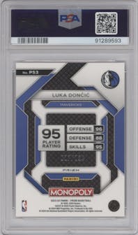Luka Doncic from the 2023-24 Panini Prizm Monopoly set featuring a Orange parallel graded by PSA and given an overall grade of 10.