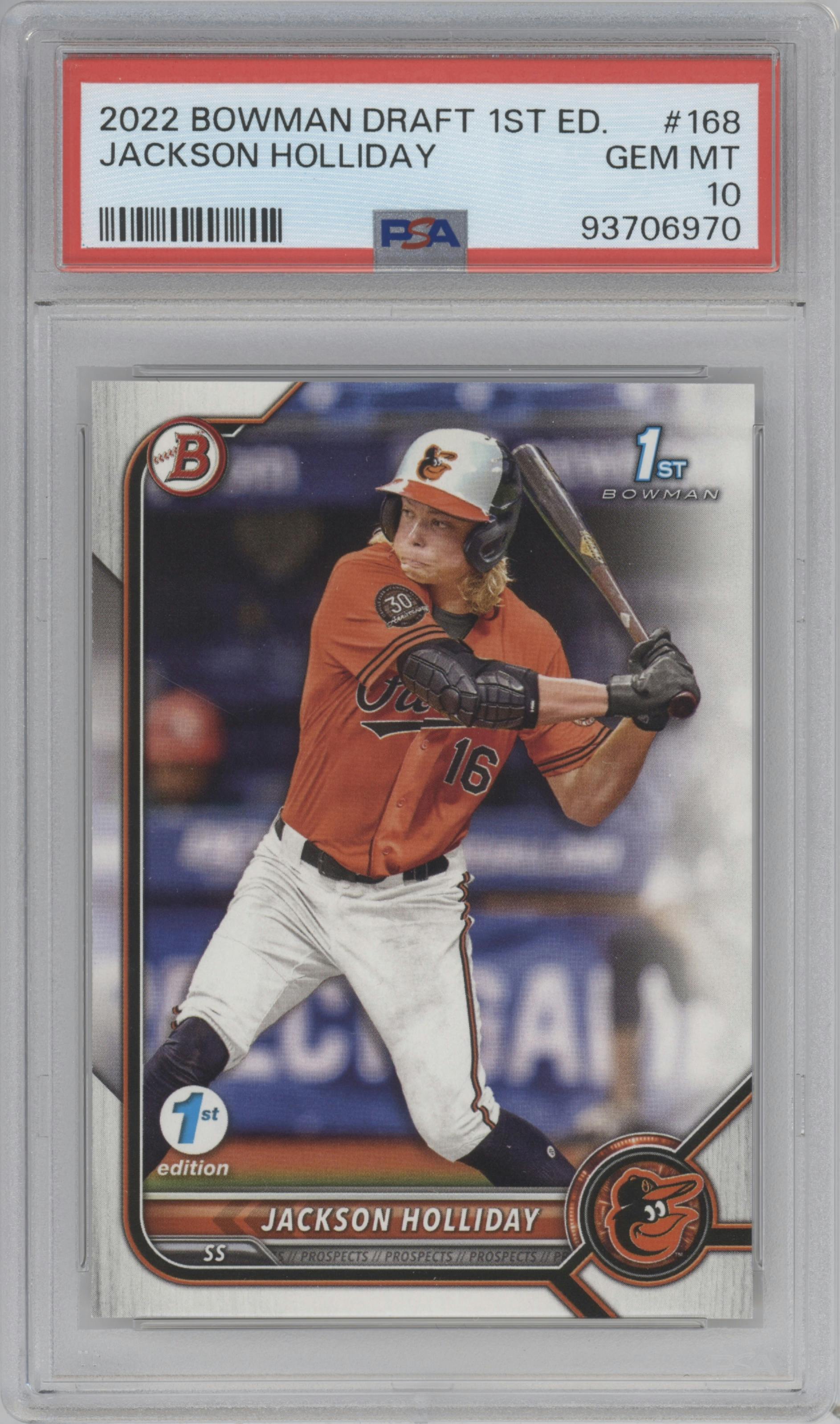 Jackson Holliday from the 2022 Bowman Draft 1st Edition set graded by PSA and given an overall grade of 10.