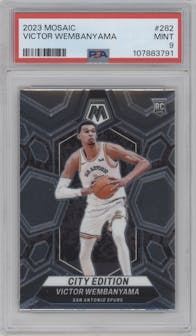 Victor Wembanyama from the 2023-24 Panini Mosaic set graded by PSA and given an overall grade of 9.