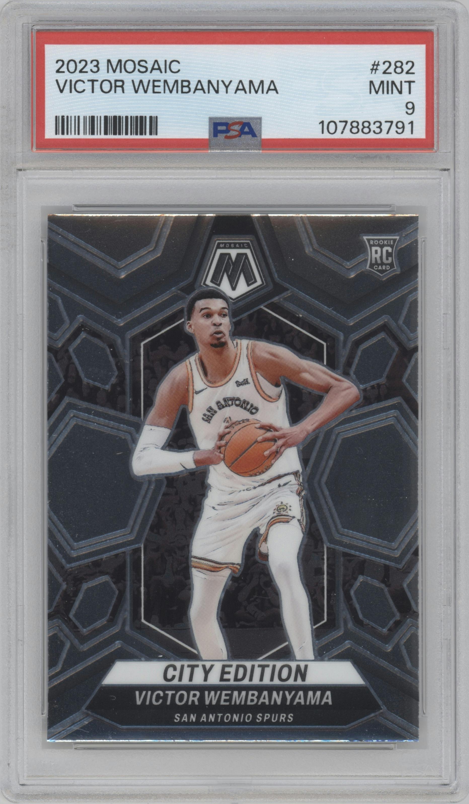 Victor Wembanyama from the 2023-24 Panini Mosaic set graded by PSA and given an overall grade of 9.
