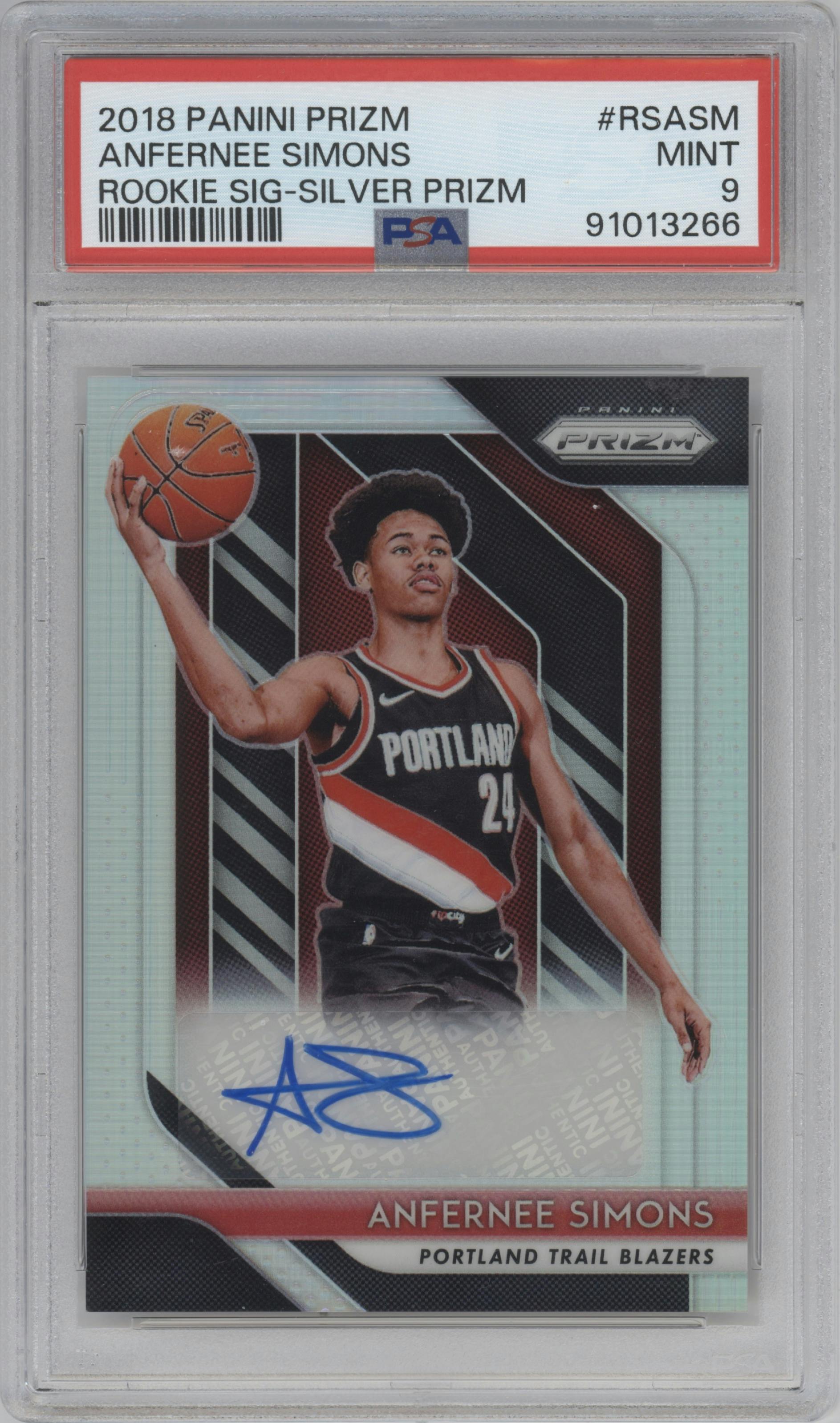 Anfernee Simons from the 2018-19 Panini Prizm set featuring a Silver Prizm parallel graded by PSA and given an overall grade of 9.