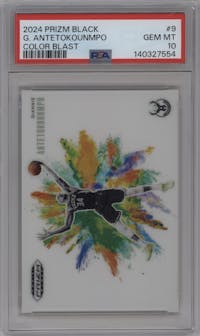 Giannis Antetokounmpo from the 2024-25 Panini Prizm Black set graded by PSA and given an overall grade of 10.