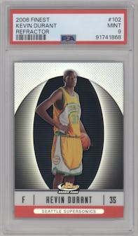 Kevin Durant from the 2006-07 Topps Finest set featuring a Refractor parallel graded by PSA and given an overall grade of 9.