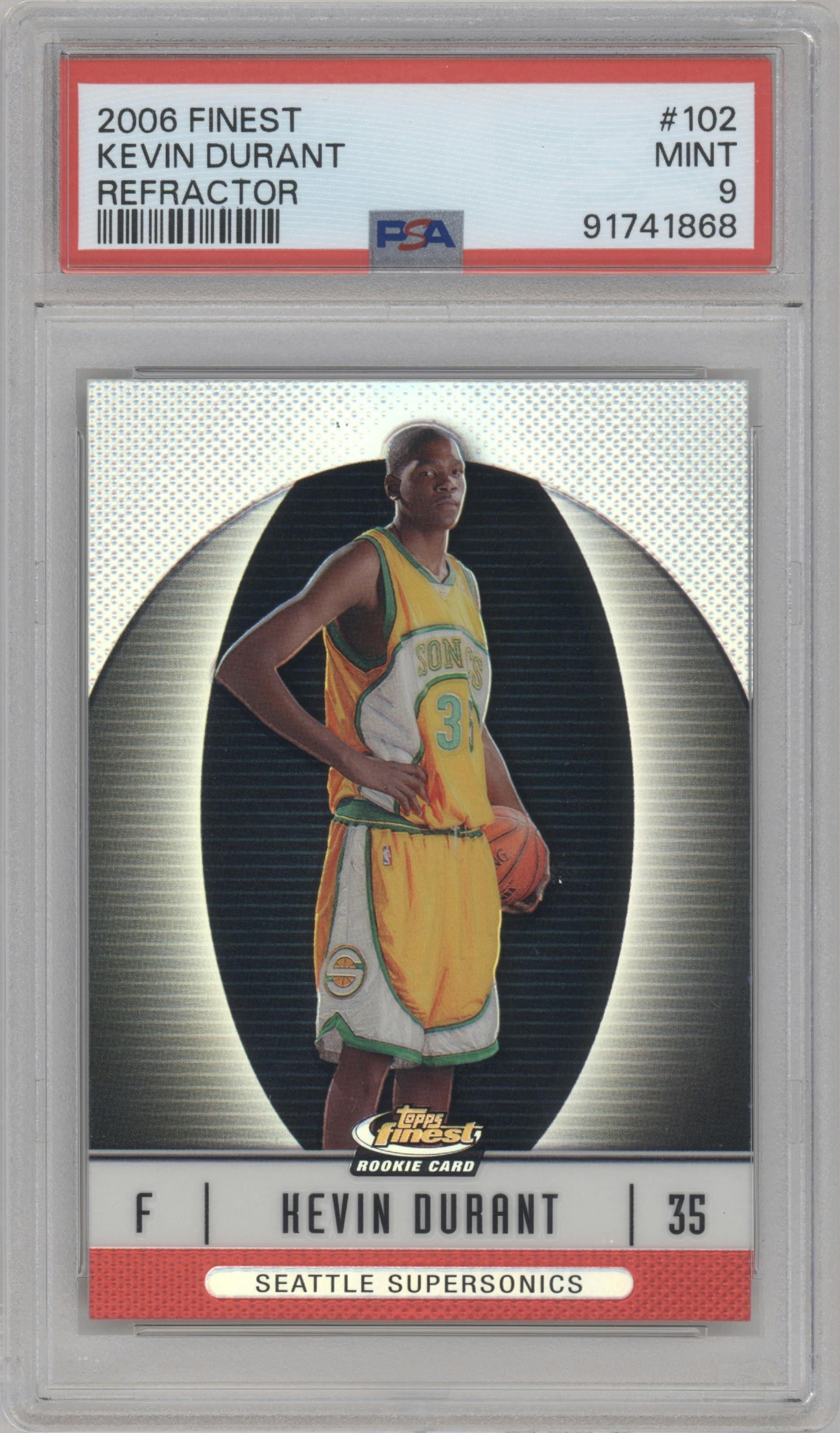 Kevin Durant from the 2006-07 Topps Finest set featuring a Refractor parallel graded by PSA and given an overall grade of 9.