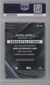 Michael Harris II from the 2023 Topps Chrome Black set featuring a Green Refractor parallel graded by PSA and given an overall grade of 10.