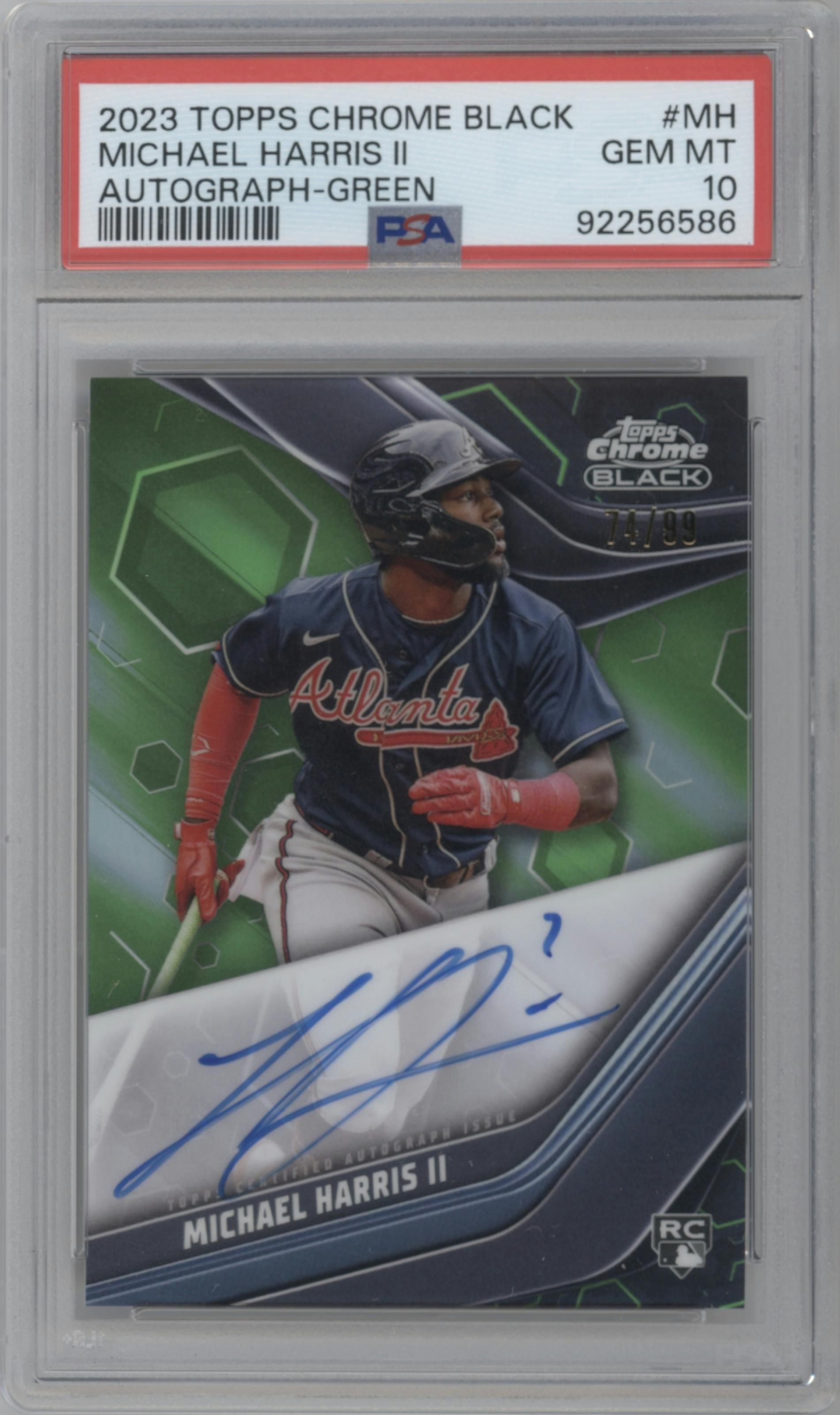 Michael Harris II from the 2023 Topps Chrome Black set featuring a Green Refractor parallel graded by PSA and given an overall grade of 10.