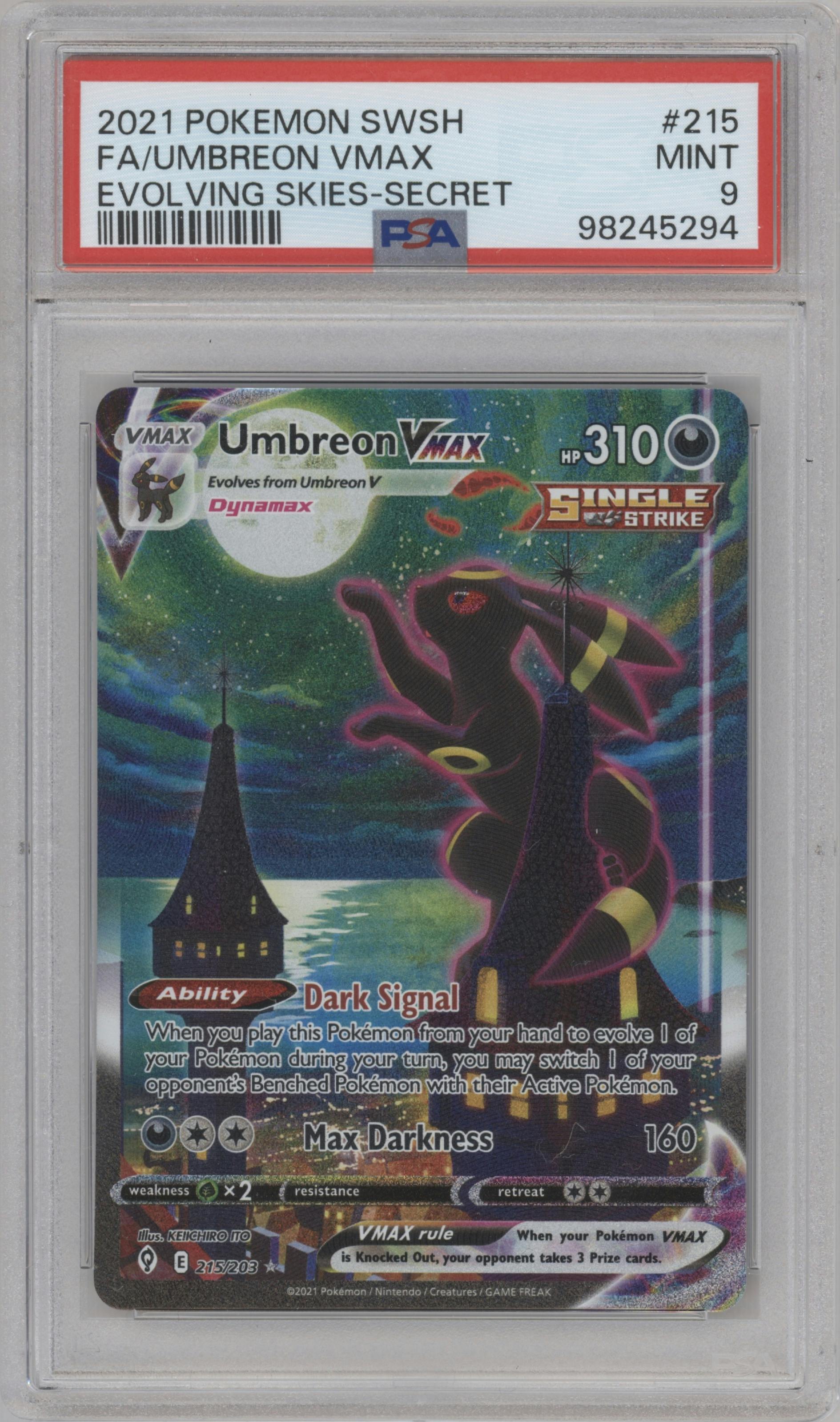 Umbreon VMAX from the 2021 Pokemon SWSH set graded by PSA and given an overall grade of 9.