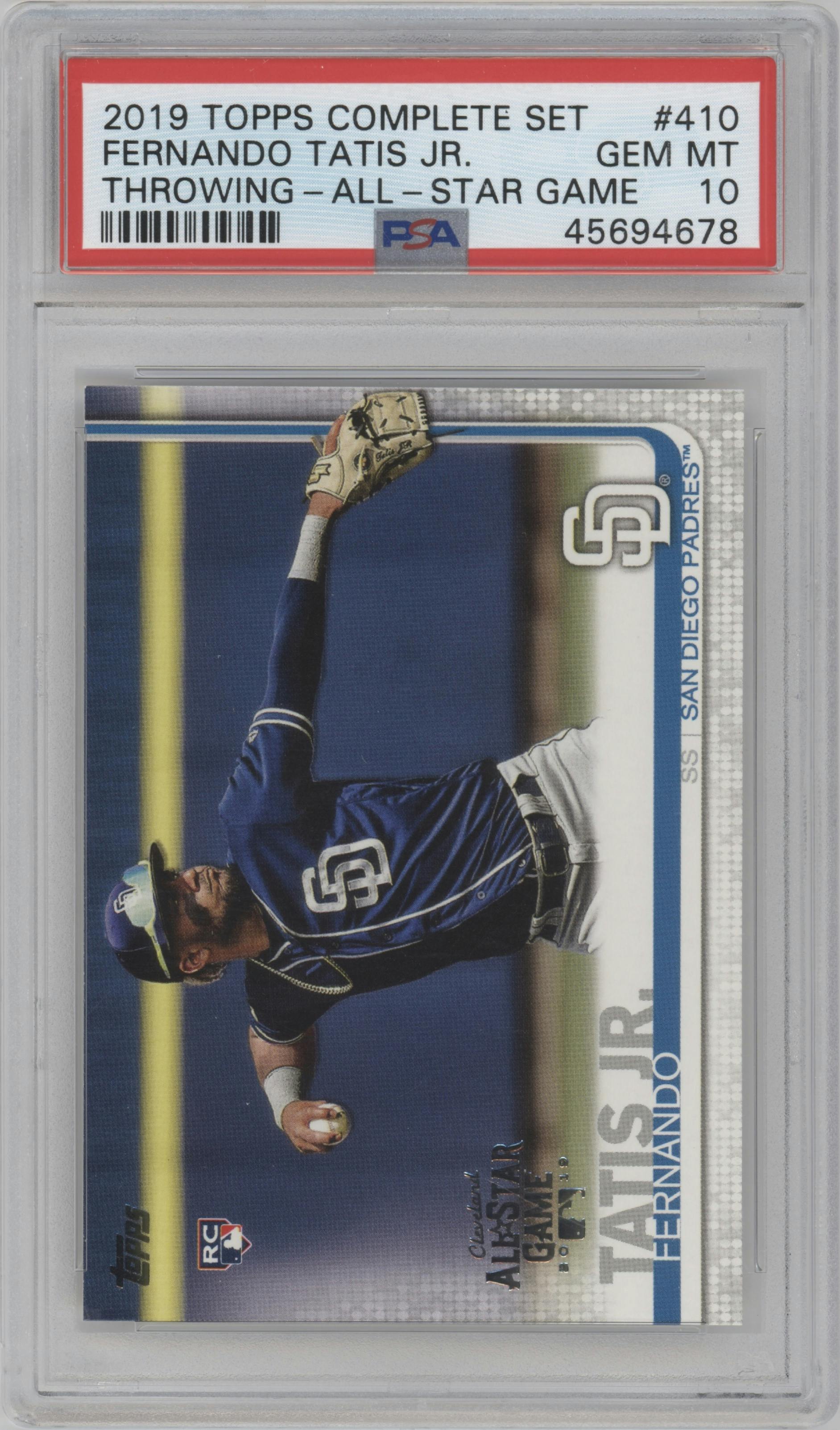 Fernando Tatis Jr. from the 2019 Topps Series 2 set graded by PSA and given an overall grade of 10.