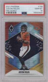 Justin Fields from the 2021 Panini Phoenix set featuring a Fire Burst parallel graded by PSA and given an overall grade of 10.