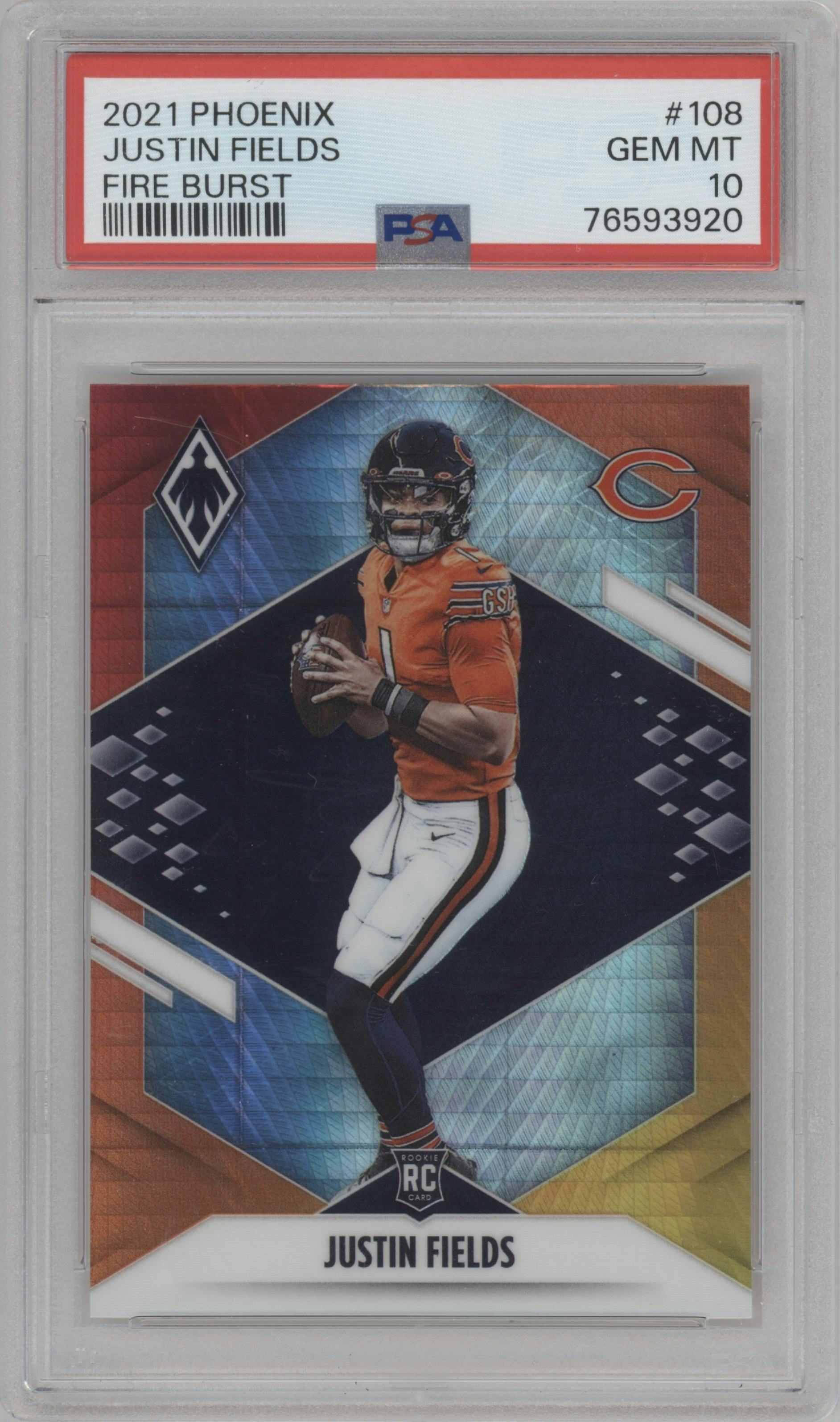 Justin Fields from the 2021 Panini Phoenix set featuring a Fire Burst parallel graded by PSA and given an overall grade of 10.