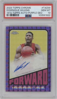 Dominique Wilkins from the 2023-24 Topps Chrome set featuring a Purple Geo Refractor parallel graded by PSA and given an overall grade of 10.