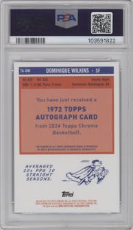 Dominique Wilkins from the 2023-24 Topps Chrome set featuring a Purple Geo Refractor parallel graded by PSA and given an overall grade of 10.