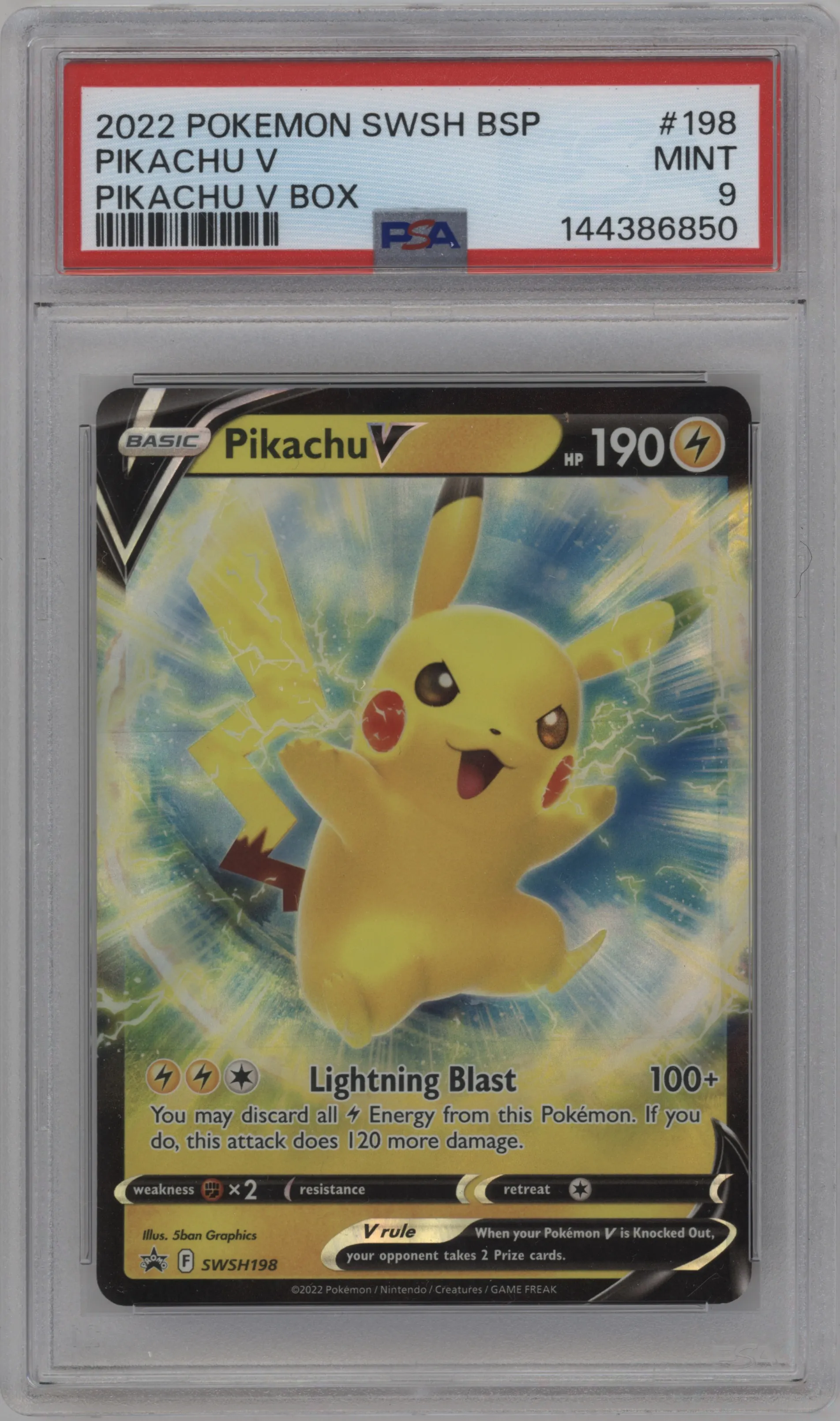2022 Pokemon SWSH Pikachu V Pikachu V Box #SWSH198 PSA 9
