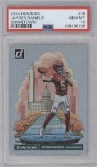 Jayden Daniels from the 2024 Donruss set graded by PSA and given an overall grade of 10.