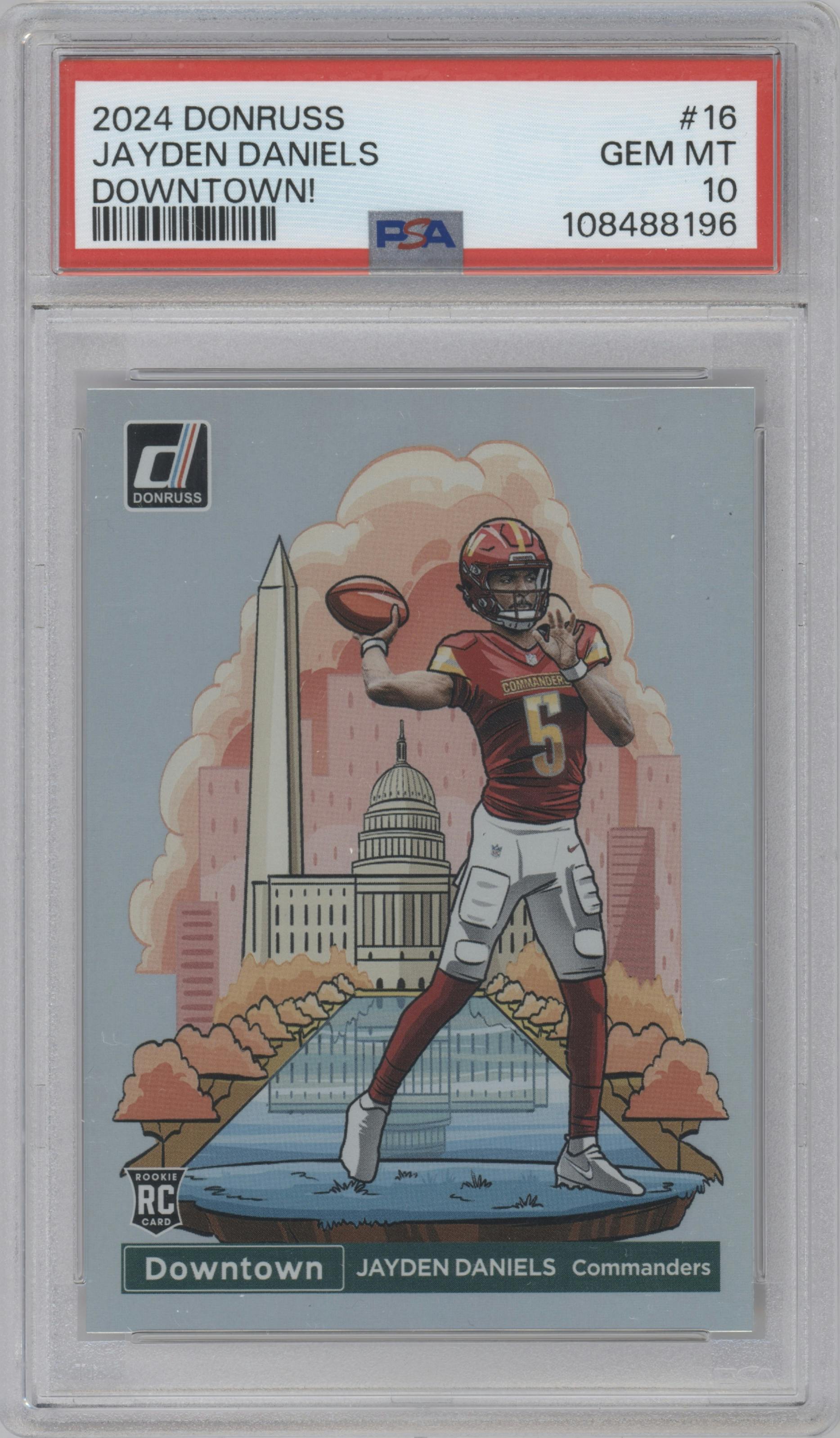 Jayden Daniels from the 2024 Donruss set graded by PSA and given an overall grade of 10.