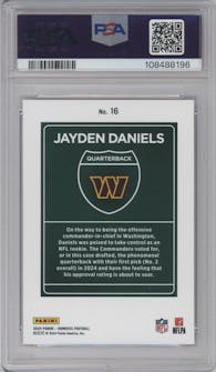Jayden Daniels from the 2024 Donruss set graded by PSA and given an overall grade of 10.