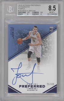 Nikola Jokic from the 2015-16 Panini Preferred set featuring a Purple parallel graded by Beckett and given an overall grade of 8.5.