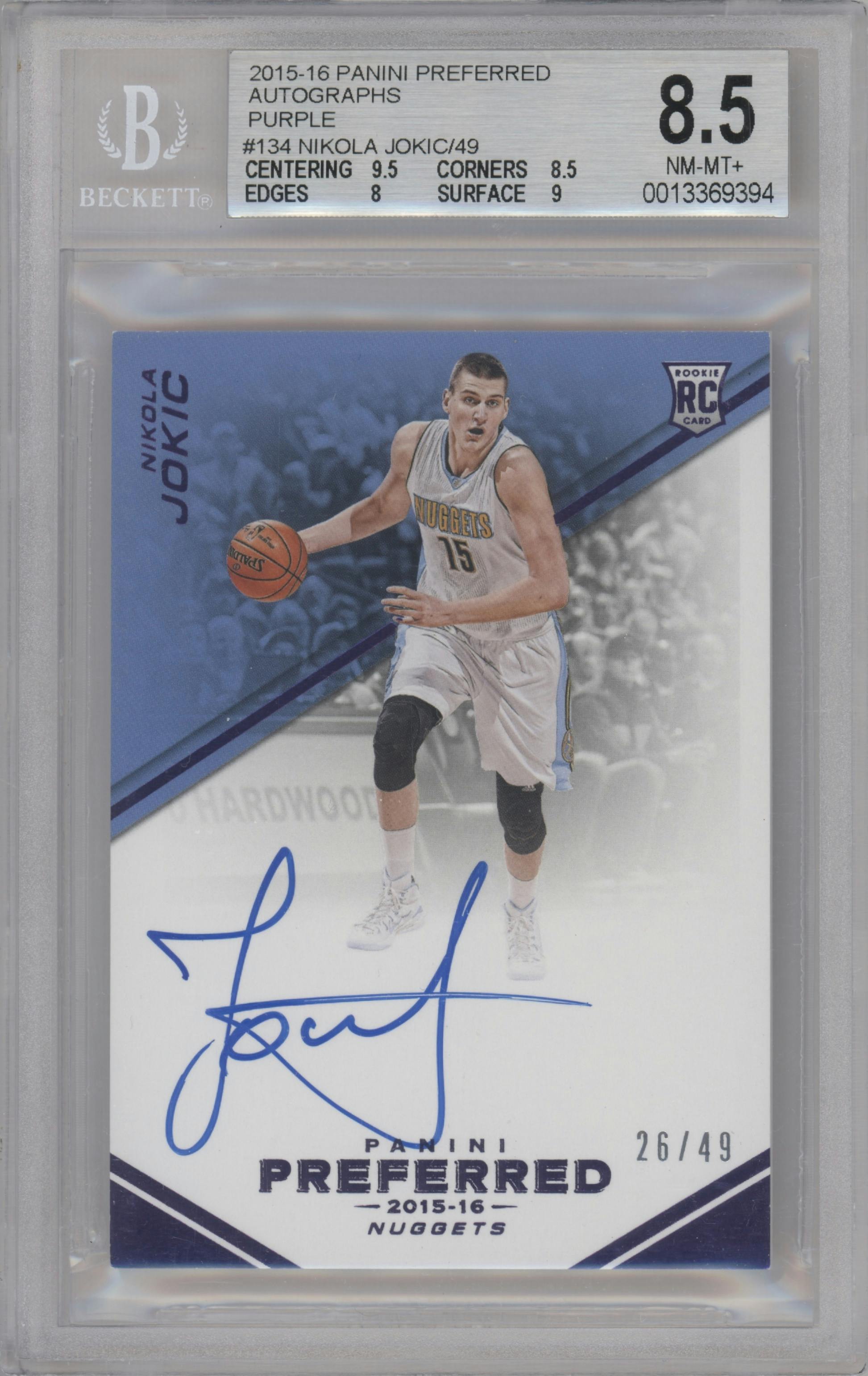 Nikola Jokic from the 2015-16 Panini Preferred set featuring a Purple parallel graded by Beckett and given an overall grade of 8.5.