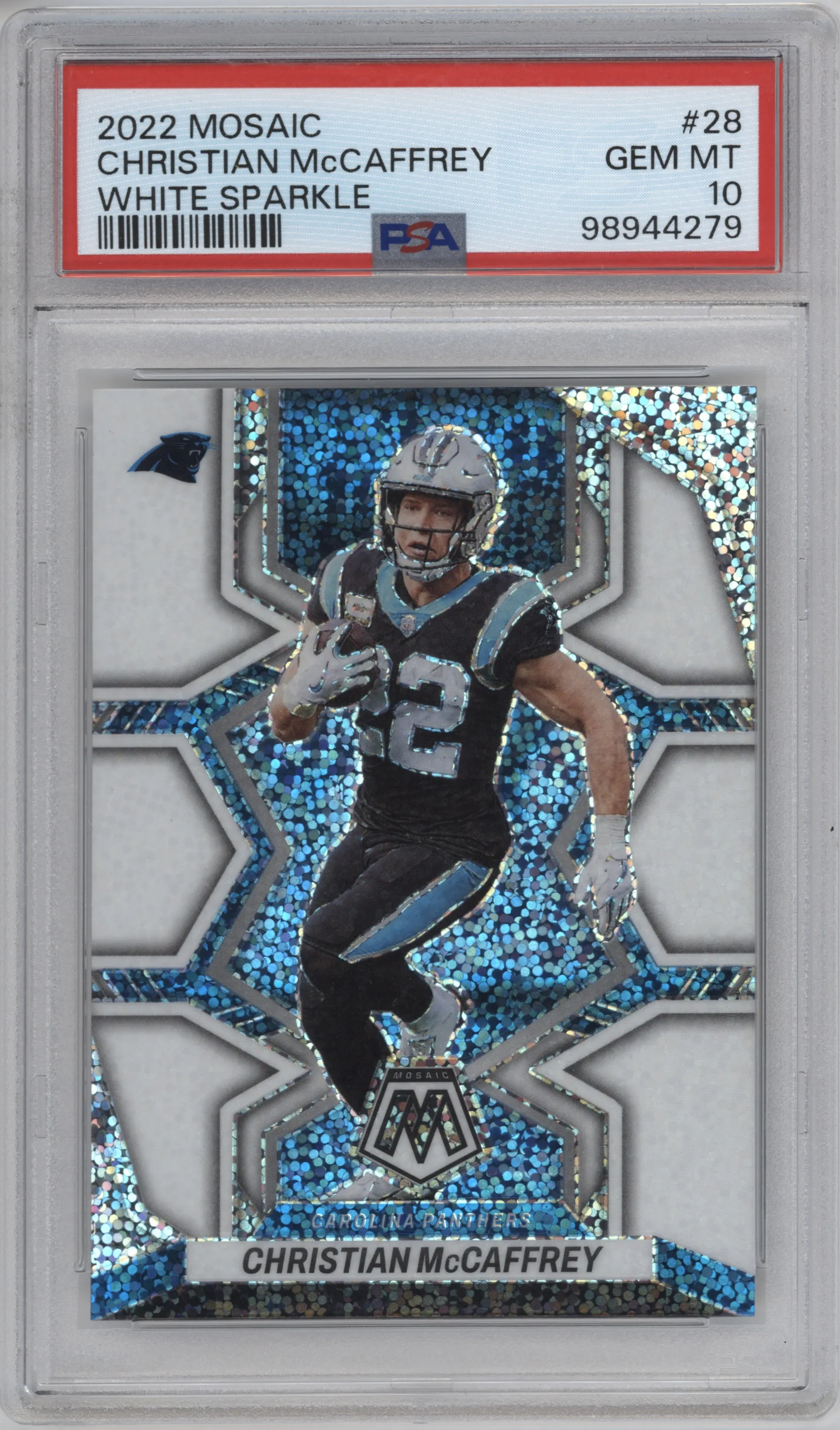 2022 Panini Mosaic Christian McCaffrey White Sparkle #28 PSA 10