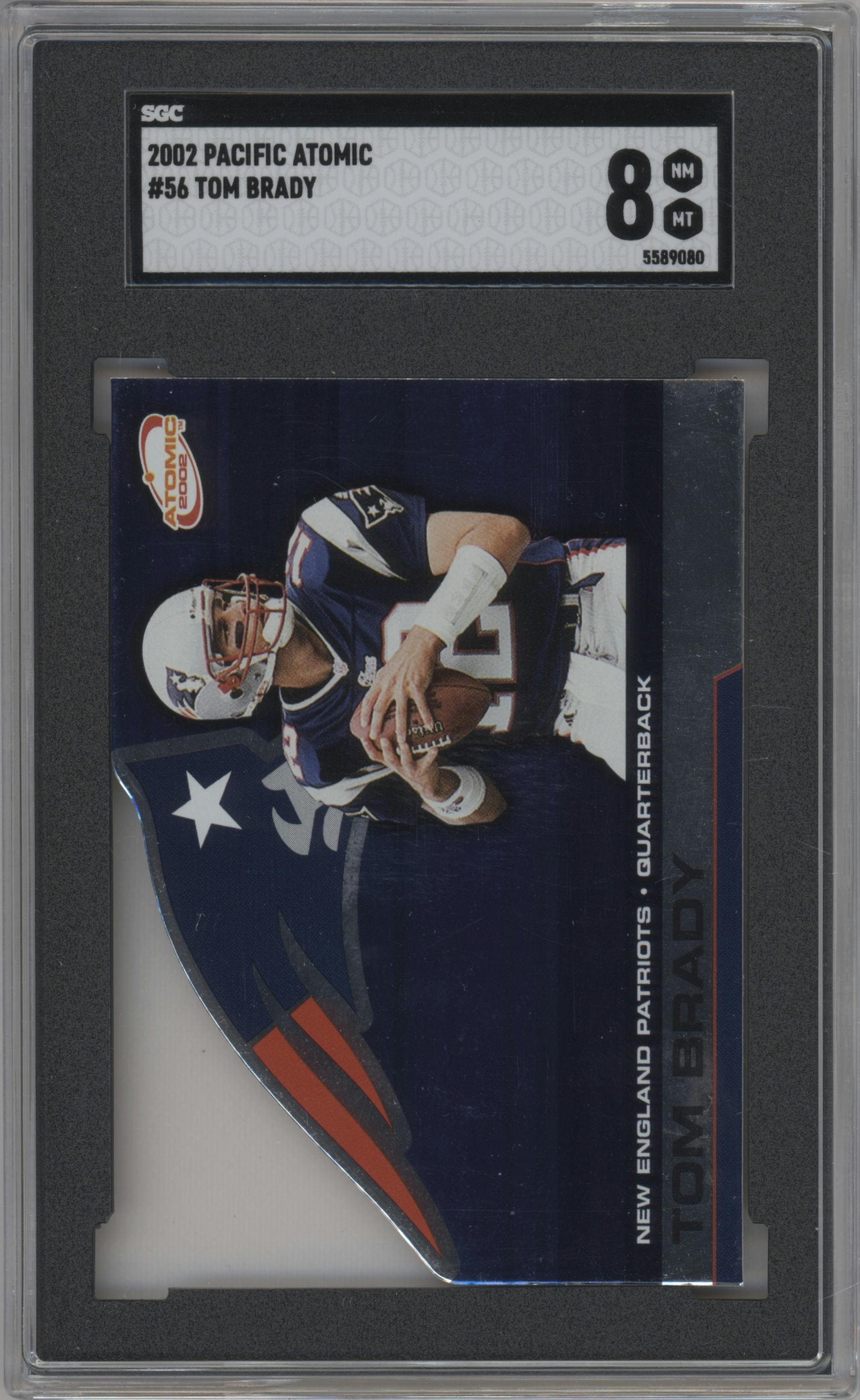 Tom Brady from the 2002 Pacific Atomic set graded by SGC and given an overall grade of 8.