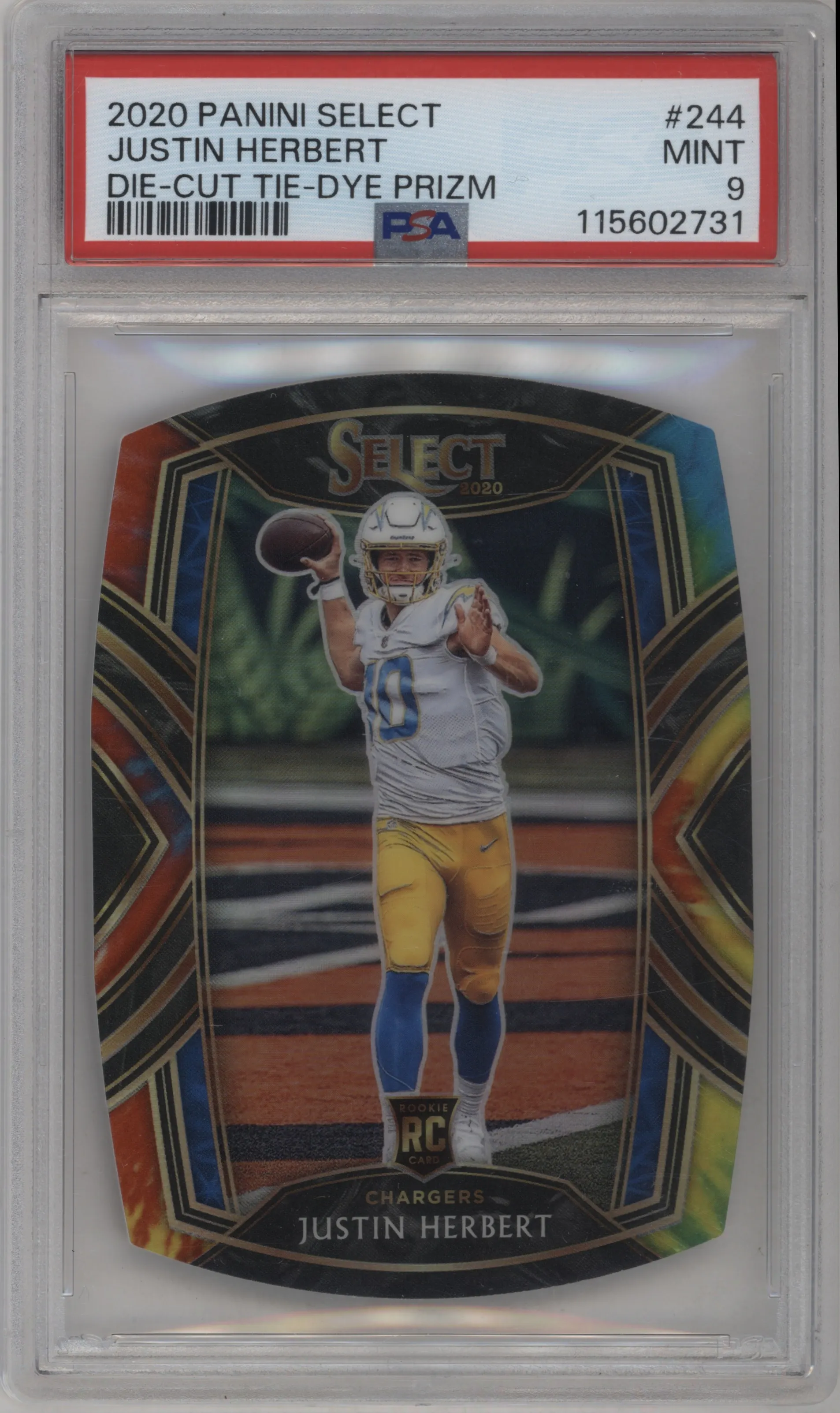 2020 Panini Select Club Lvl. Justin Herbert Die-Cut Tie-Dye PSA 9