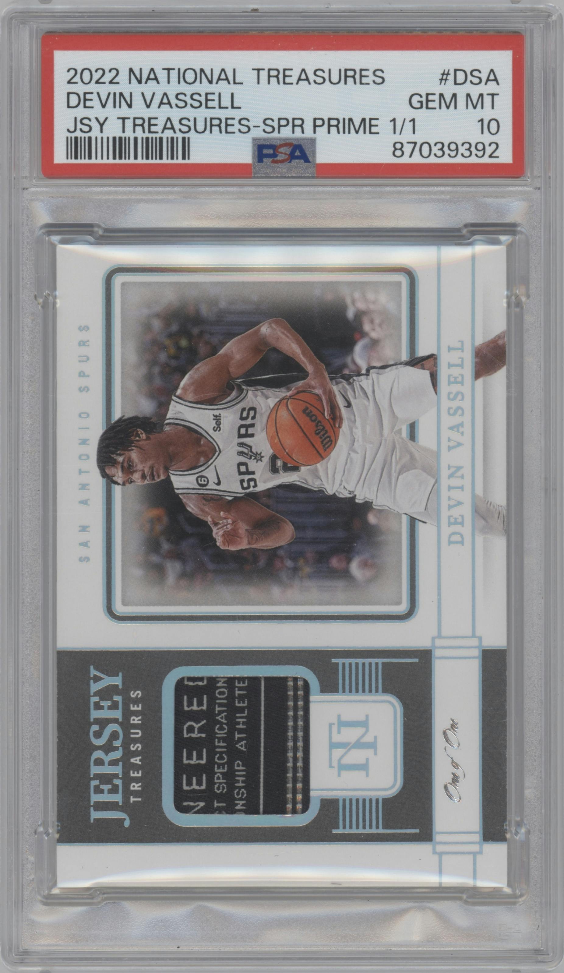 Devin Vassell from the 2022-23 Panini National Treasures set featuring a Super Prime parallel graded by PSA and given an overall grade of 10.