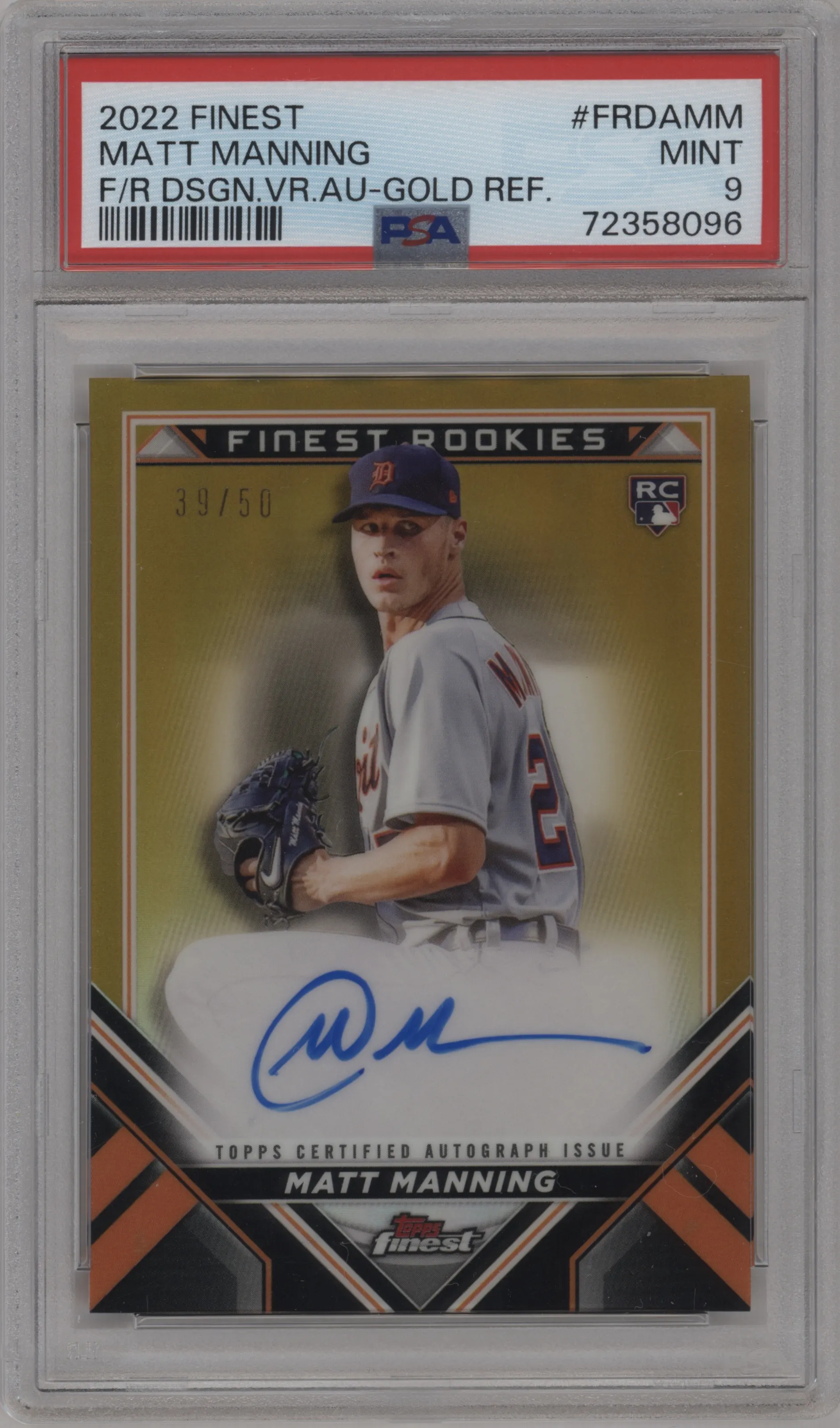 2022 Topps Finest Rke.Des.Var.Au. Matt Manning Gold Refractor PSA 9