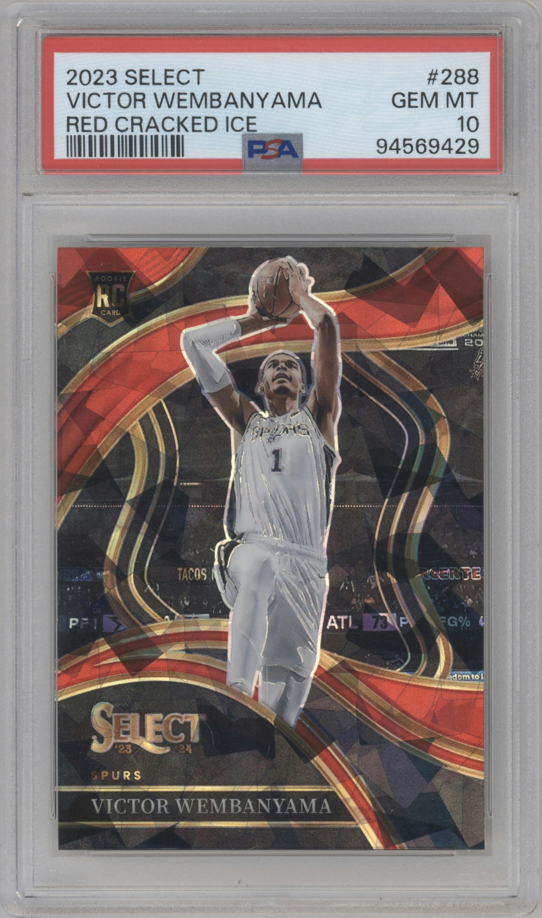 Victor Wembanyama from the 2023-24 Panini Select  set featuring a Red Cracked Ice parallel graded by PSA and given an overall grade of 10.