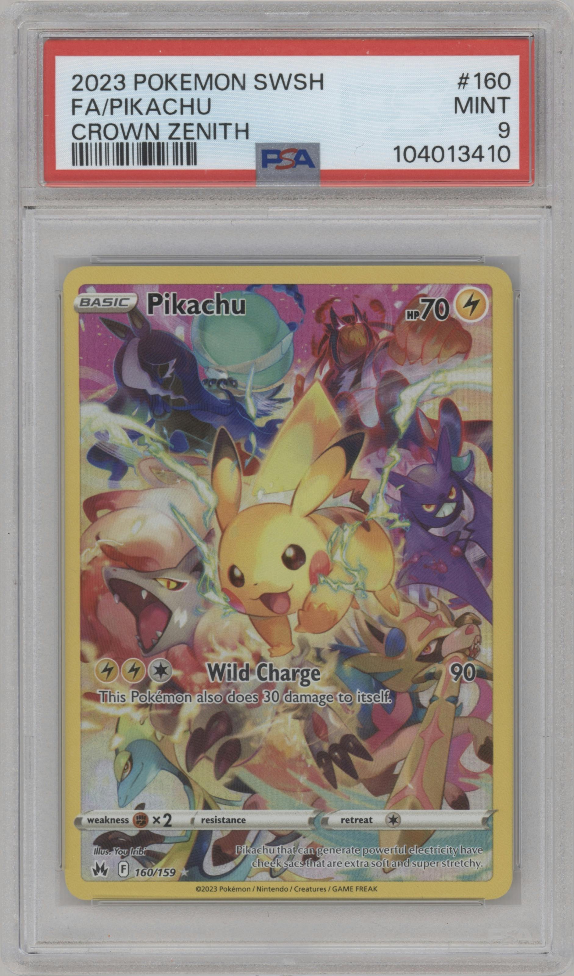 Pikachu  from the 2023 Pokemon SWSH set graded by PSA and given an overall grade of 9.