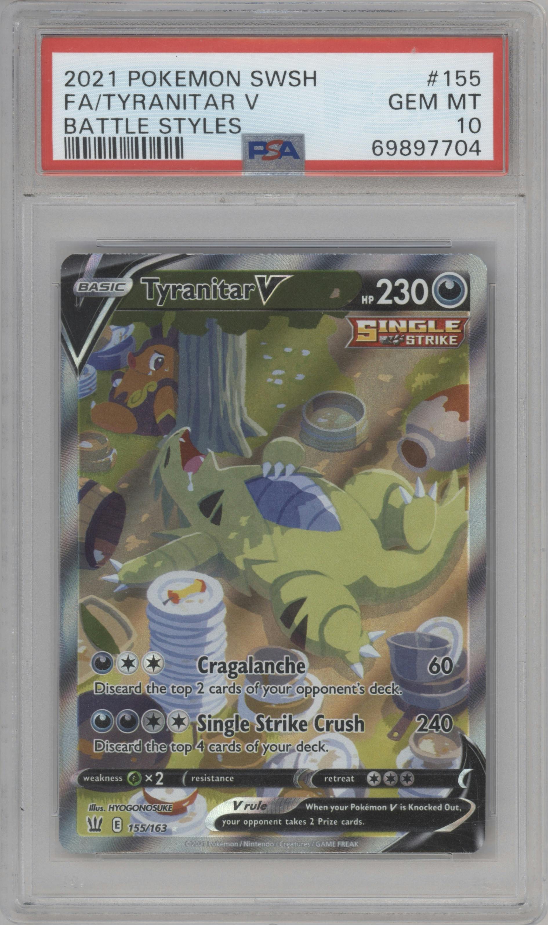 Tyranitar V from the 2021 Pokemon SWSH set graded by PSA and given an overall grade of 10.