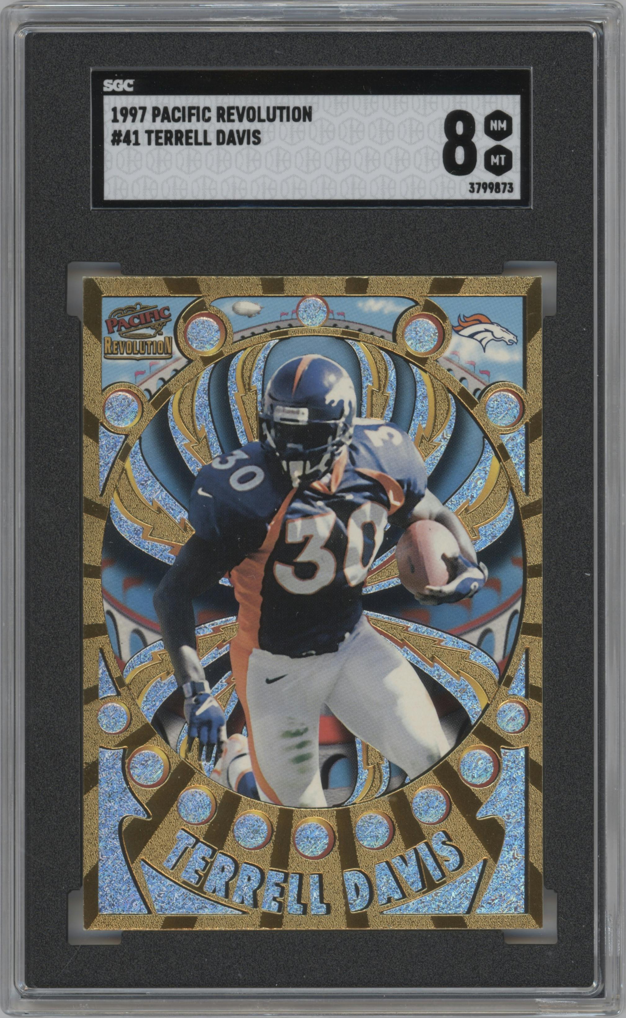 Terrell Davis from the 1997 Pacific Revolution set graded by SGC and given an overall grade of 8.