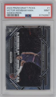 Victor Wembanyama from the 2023-24 Panini Prizm Draft Picks set graded by PSA and given an overall grade of 9.