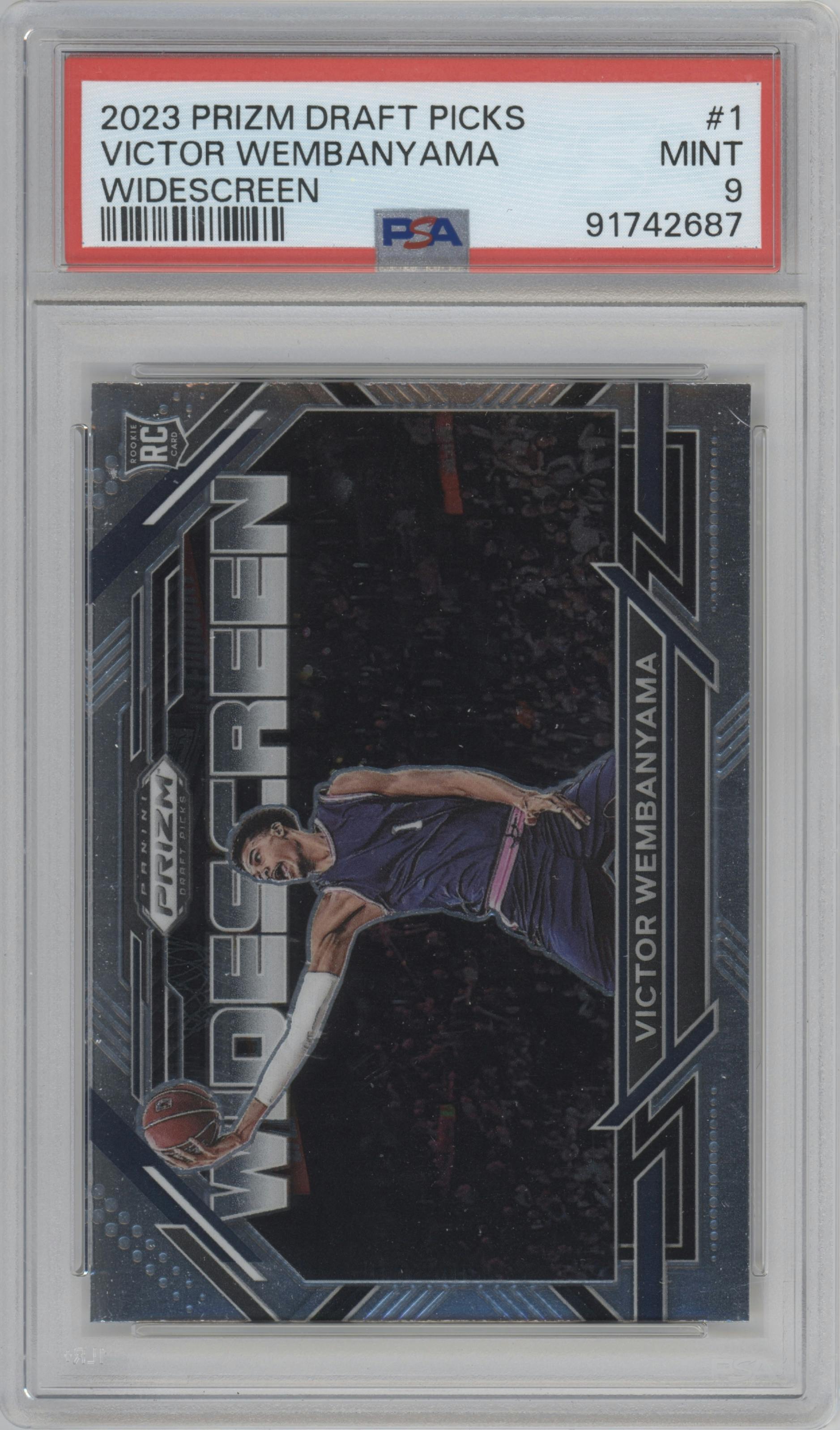 Victor Wembanyama from the 2023-24 Panini Prizm Draft Picks set graded by PSA and given an overall grade of 9.