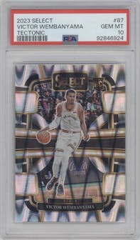 Victor Wembanyama from the 2023-24 Panini Select  set featuring a Tectonic parallel graded by PSA and given an overall grade of 10.