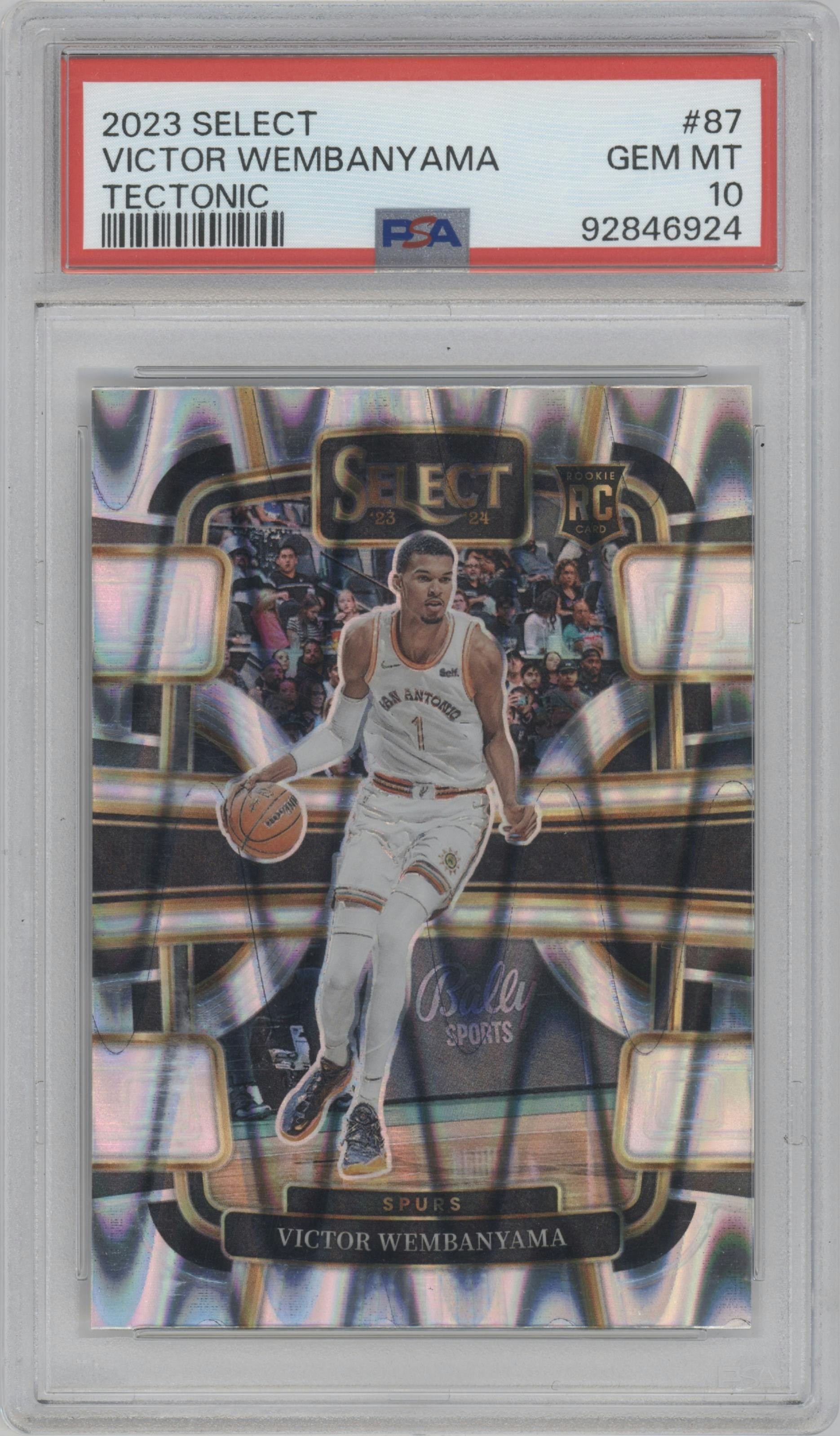 Victor Wembanyama from the 2023-24 Panini Select  set featuring a Tectonic parallel graded by PSA and given an overall grade of 10.