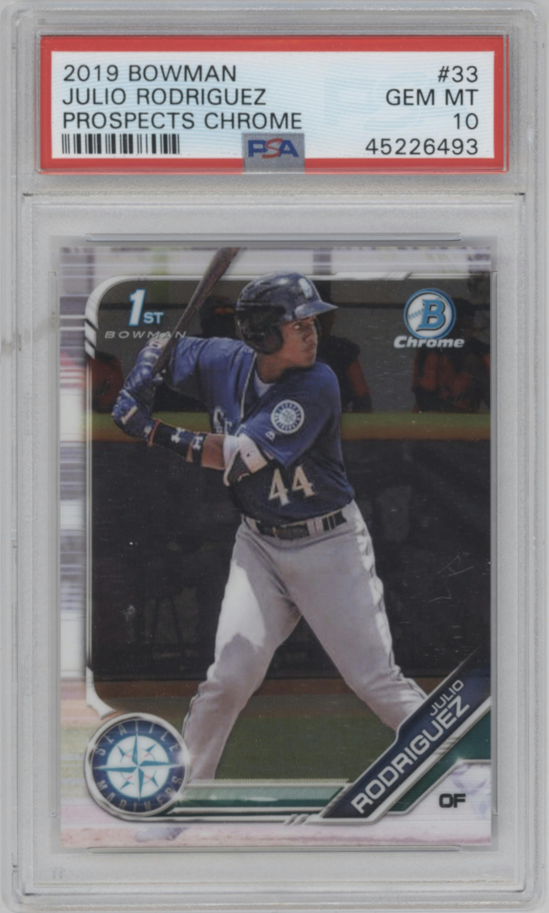 Julio Rodriguez from the 2019 Bowman  set graded by PSA and given an overall grade of 10.