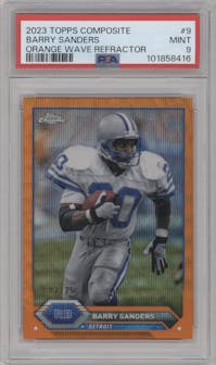Barry Sanders from the 2023 Topps Composite set featuring a Orange Wave Refractor parallel graded by PSA and given an overall grade of 9.