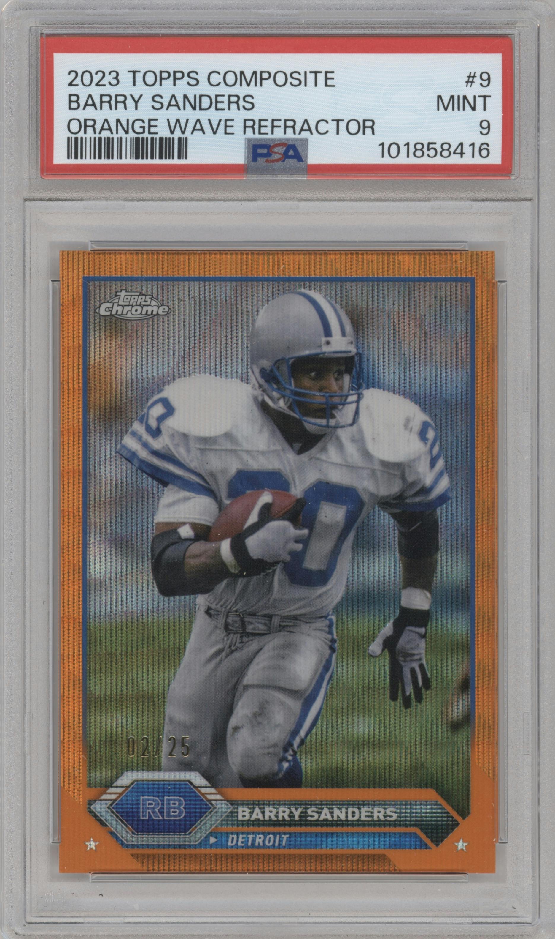 Barry Sanders from the 2023 Topps Composite set featuring a Orange Wave Refractor parallel graded by PSA and given an overall grade of 9.