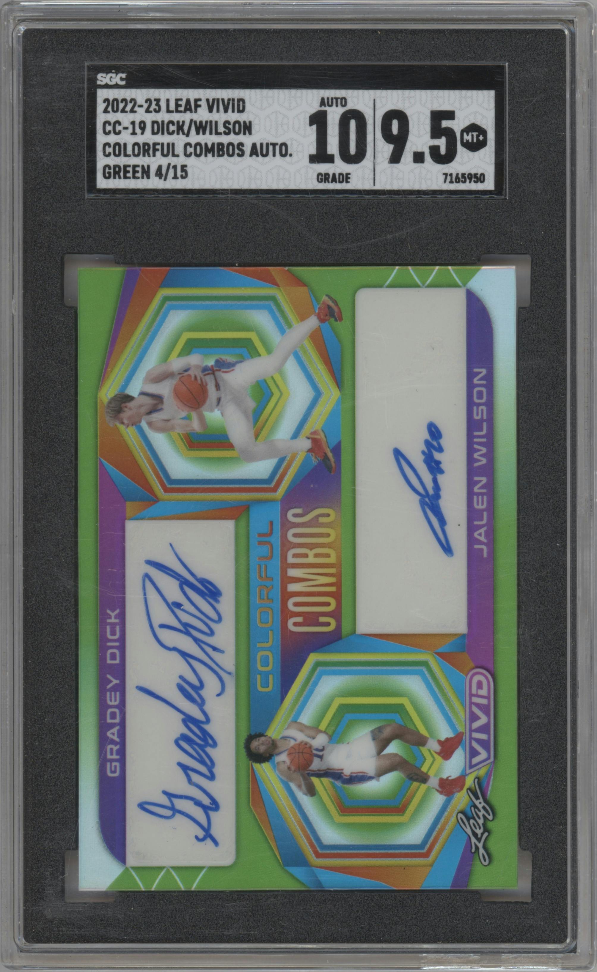 Gradey Dick/Jalen Wilson from the 2022-23 Leaf Vivid set featuring a Green parallel graded by SGC and given an overall grade of 9.5.