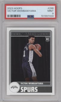 Victor Wembanyama from the 2023-24 Panini NBA Hoops set graded by PSA and given an overall grade of 9.